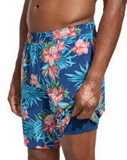 Kirkland Signature Men's Tropical FLoral Print Swim Short, Blue, XXLarge