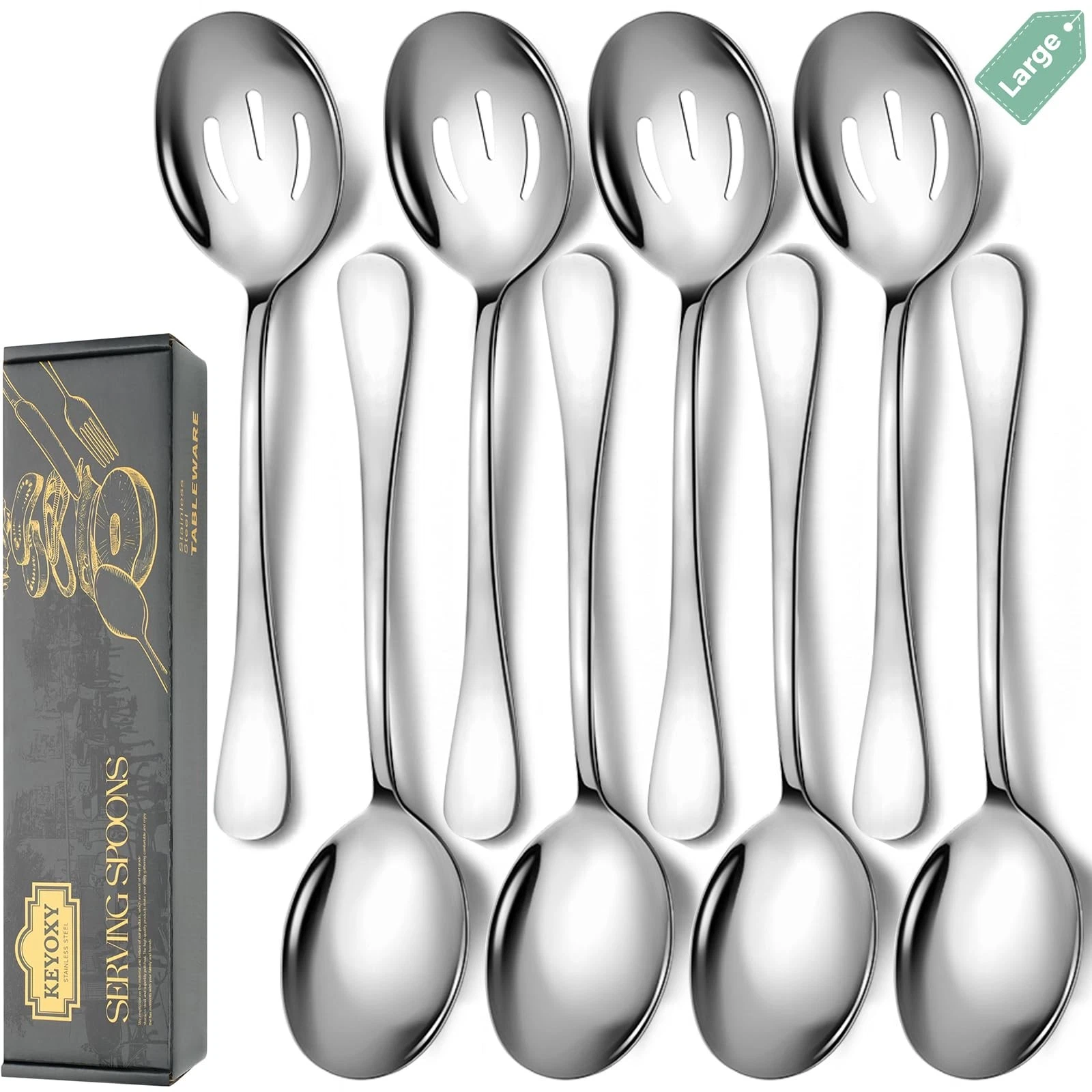 Stainless Steel Serving Spoons Set, 8pc, 10-Inch, Includes 4 Large, 4 Slotted...