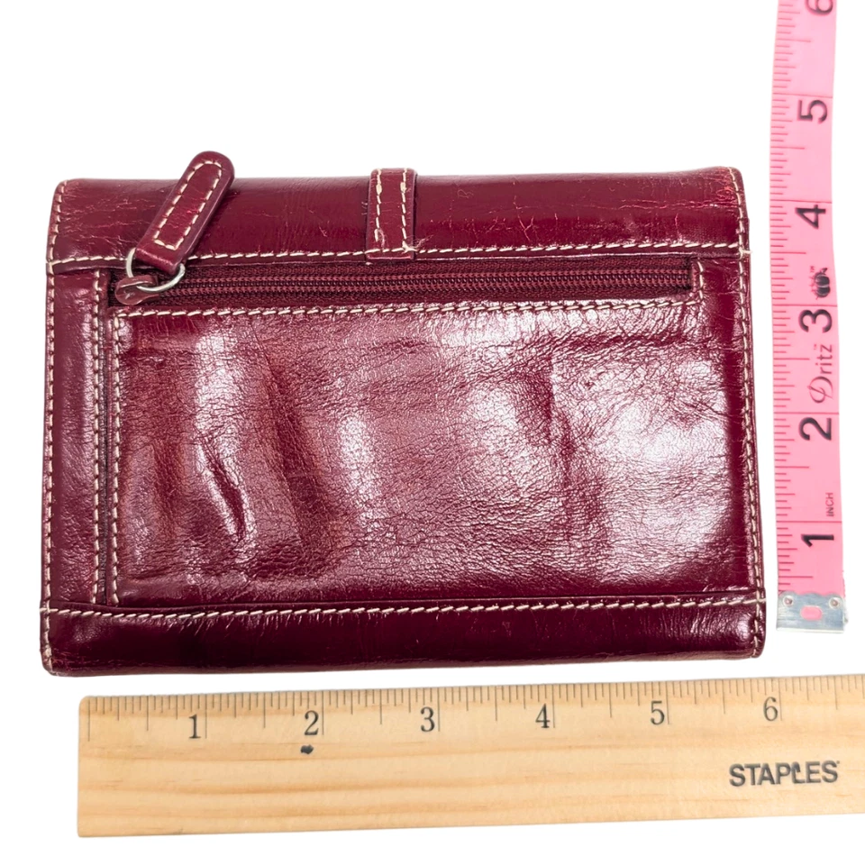 Cartera Tarjetas Monedas Preppy Cuero Rojo Borgoña Italiano Plegable Hebilla a Presión Foto 2 de 4