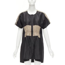 BALENCIAGA 2011 black khaki silk blend colorblock ruched shirt dress FR36 S