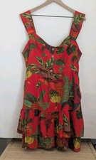 Farm Rio Red Forest Birds Mini Dress Sz XL Red Linen Blend Tiered Hem Pockets