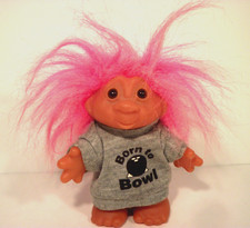 1986 D A M Troll Born To Bowl Neon Pink Hair 5" Gray Shirt Amber Eyes Starfish