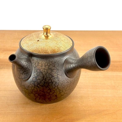 Teapot Shoryu Tenmoku Glaze Gold Lid Sakura Tokoname ware JAPAN