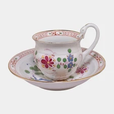 Meissen German 19th Century Porcelain Floral Swan Handle Cup & Saucer
