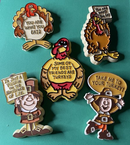 (5)1980’s HALLMARK TURKEY PILGRIM THANKSGIVING PIN LOT PREOWNED ALL DIFFERENT-T6