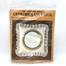 Vtg 1983 Candlewick Stitch Embroidery Pillow Kit Lace Ruffle 14"X14" Rainbow NEW