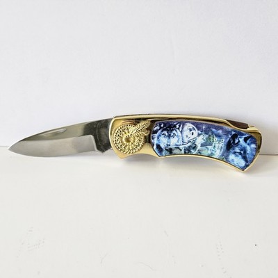 Wolf-Themed Stainless Steel Folding Pocket Knife Gold Toned Handle Wolves