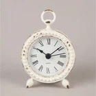 White Metal Mantel Clock Numeral Rustic Shabby Chic Ring Handle Table Time Piece