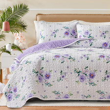 Floral Quilt Set 2 Pieces Twin Size White Purple Flower with Green Leaves Soft M