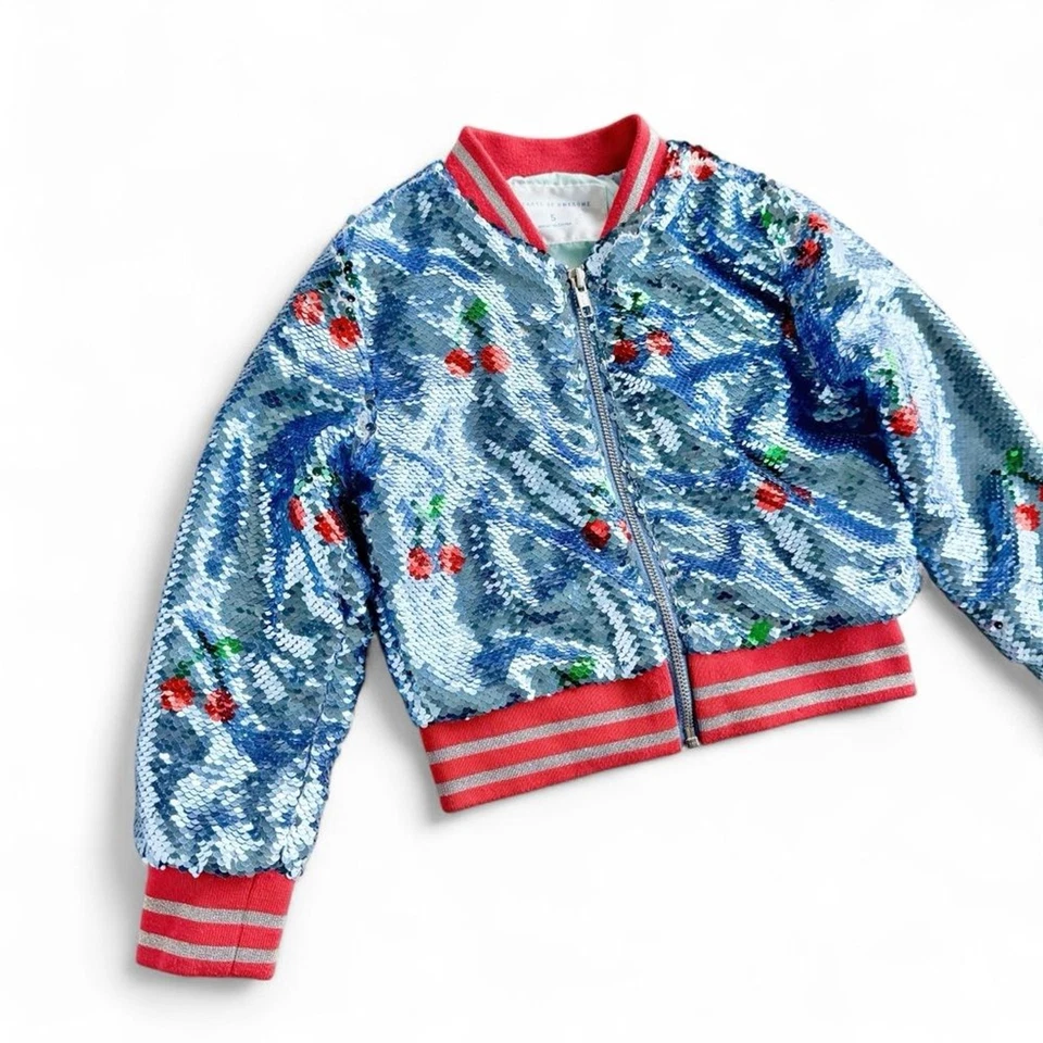 Rockets of Awesome Sequin Cherry Bomber Jacket Girls Sz 5 Blue Red Sparkle Retro - Image 2 of 4