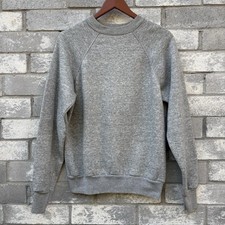Vintage 1970s Gray Cotton Fleece Crewneck Sweatshirt Gray Raglan Blank Pullover