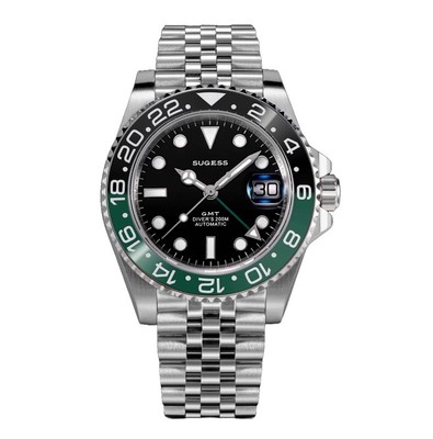 Suging S420-2 GMT Automatik Stahl Schwarz Grün Datum Saphir Herrenuhr