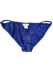 90's Vintage Victoria s Secret Blue Satin String Bikini Gold Label Lace