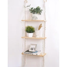 Boho 3-Tier Wooden Plant Shelves - Macrame Wall Hanging Storage for Apartment...