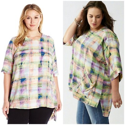 Melissa McCarthy Seven 7 Top Hi-Low Tunic Blouse Top Plaid Crepe Tee Plus Sz 2X