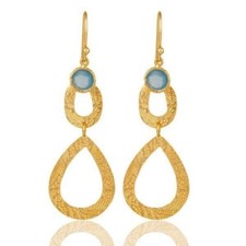 18k Gold Plated Blue Chalcedony 925 Sterling Silver Dangle Earrings Jewelry