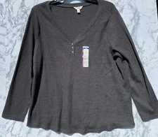 Terra & Sky Plus Size 2X Waffle Henley Shirt Long Sleeve Cotton Blend Charcoal G