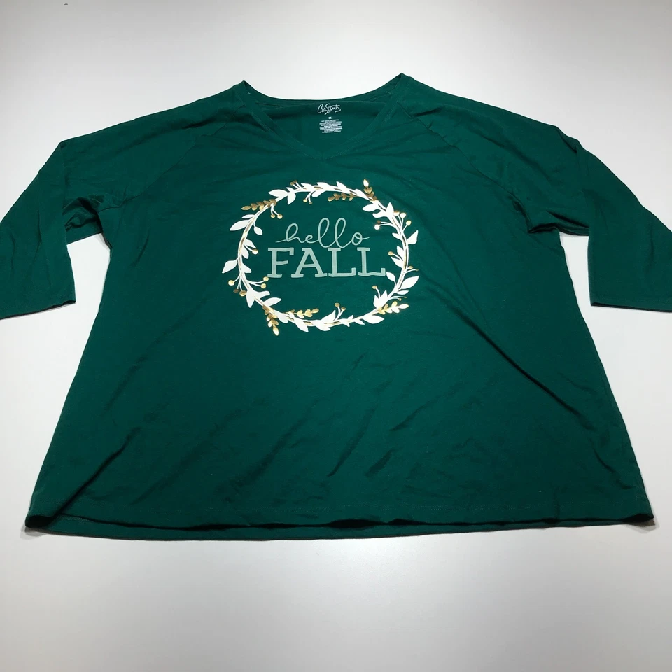 Camiseta City Streets Mujer Talla 2X Plus "Hello Fall" Básica Verde Manga Larga Nueva Sin Etiquetas Foto 2 de 4