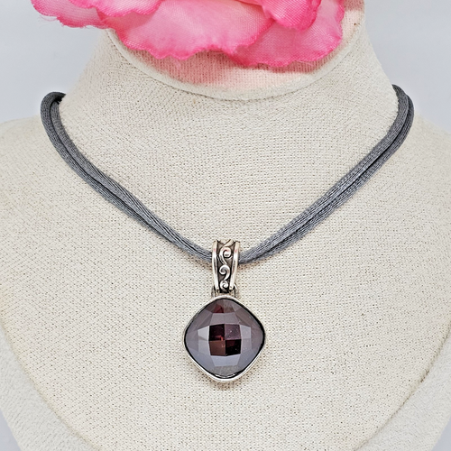 Brighton Venus Rising Red Crystal Silver Plate Pendant Gray Satin Cord Necklace