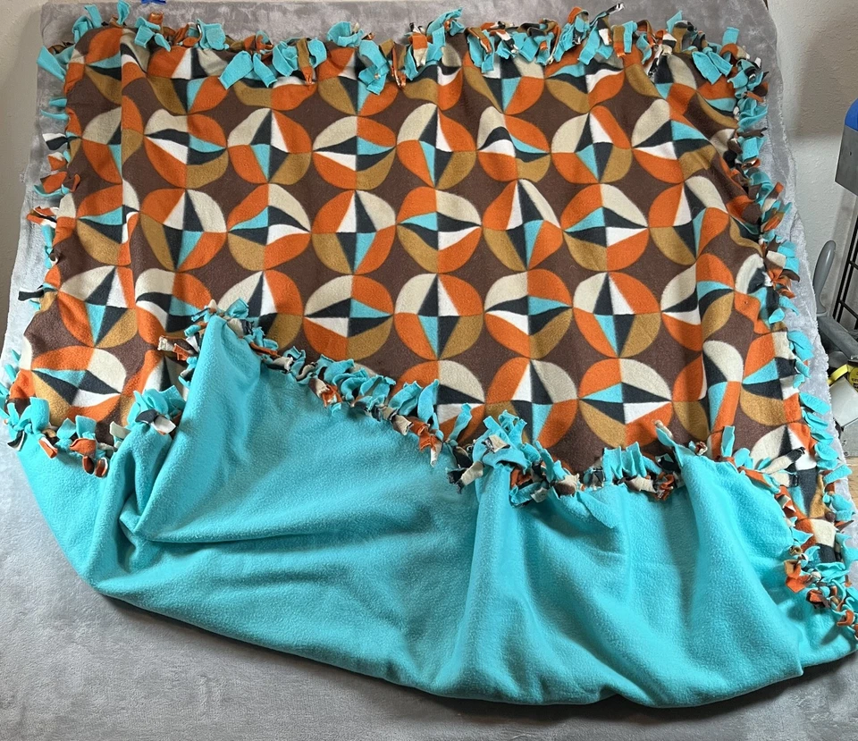 Manta artesanal - Manta de corbata - Flecos - Vellón - 55 1/2 x 50 - Aqua Foto 3 de 4