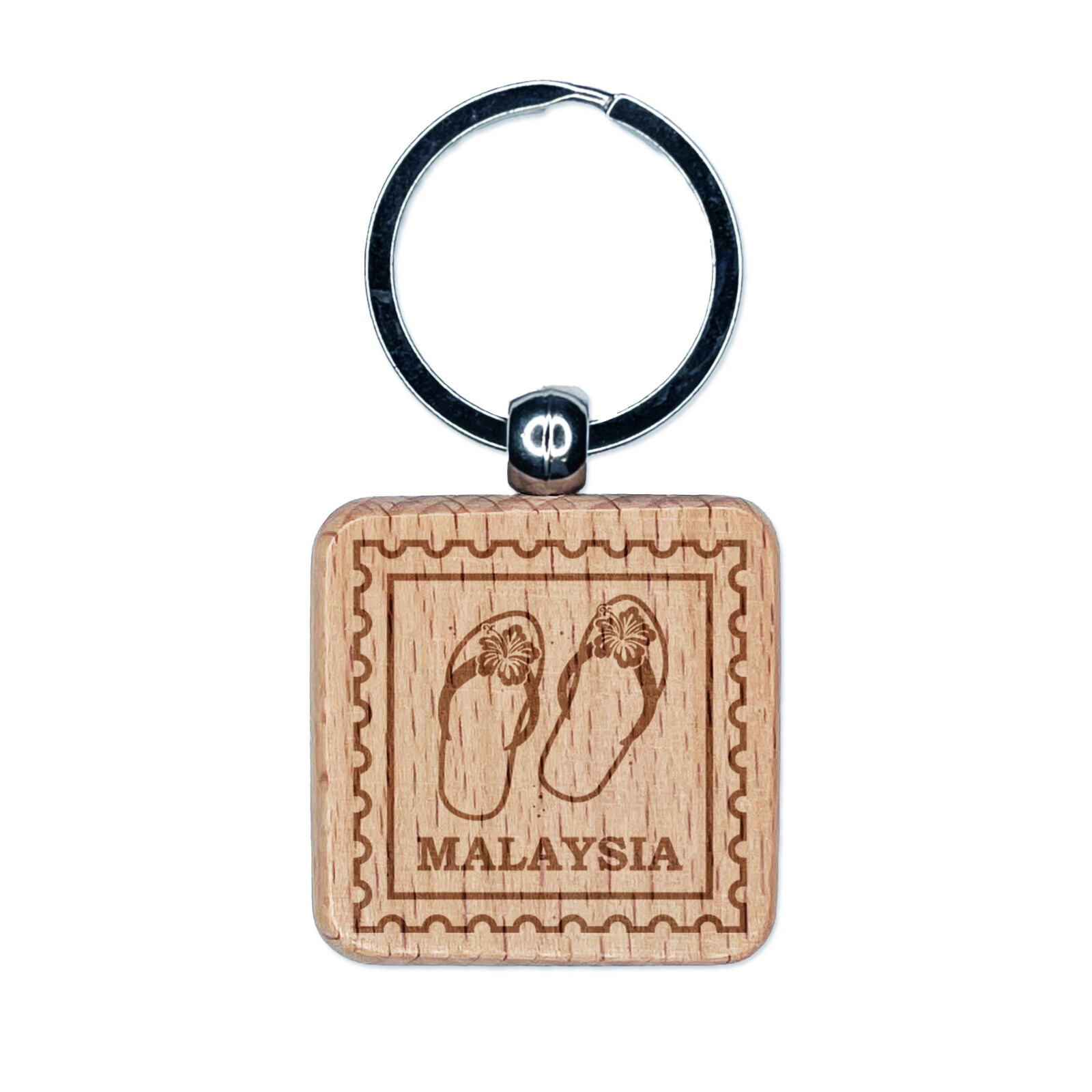Malaysia Travel Beach Flip Flops Engraved Wood Square Keychain Tag Charm