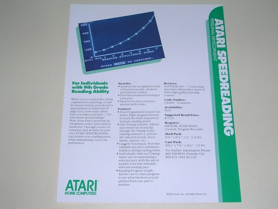 Atari Speed Reading; Atari 400/800/XL/XE; Disk w/manual; Complete in Box - Image 4 of 4