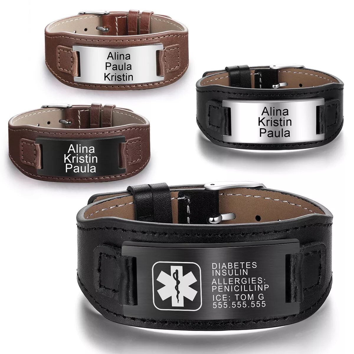 Leather medical shop alert bracelets