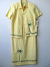 A.K.L Palm Tree Suit Set Vintage Yellow Size L Linen Rayon Short Sleeve NWT