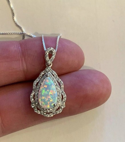 2.15Ct Pear Cut Natural Fire Opal 14k White Gold Plated 925 Women Halo Pendant - Picture 2 of 4