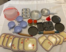 Vintage Toy Kitchen Lot 31 PCs. Children's Dishes, Pots, Pans, Baking.