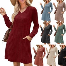Women's Best Selling V Neck Pocket Ribbed Fleece Long-Sleeve Casual Maxi Dress