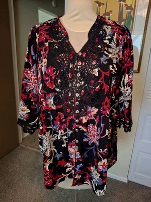 Denim 24/7 Black Multicolor Floral Print Blouse Women's 16W Lace Button Front 