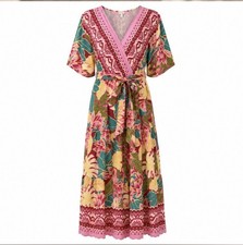 Fig  Flower Anthropologie Maxi Dress Pink Cream Floral Faux Wrap Bohemian NWT S
