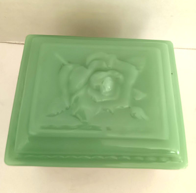 Jadeite Green Milk Glass Trinket Box Jewelry Lid  Fire King Vtg Embossed Rose