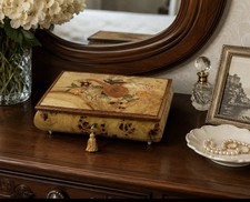 Vintage Italian Burl Wood Music Box Jewelry Box Marquetry Inlay Made In Italy 
