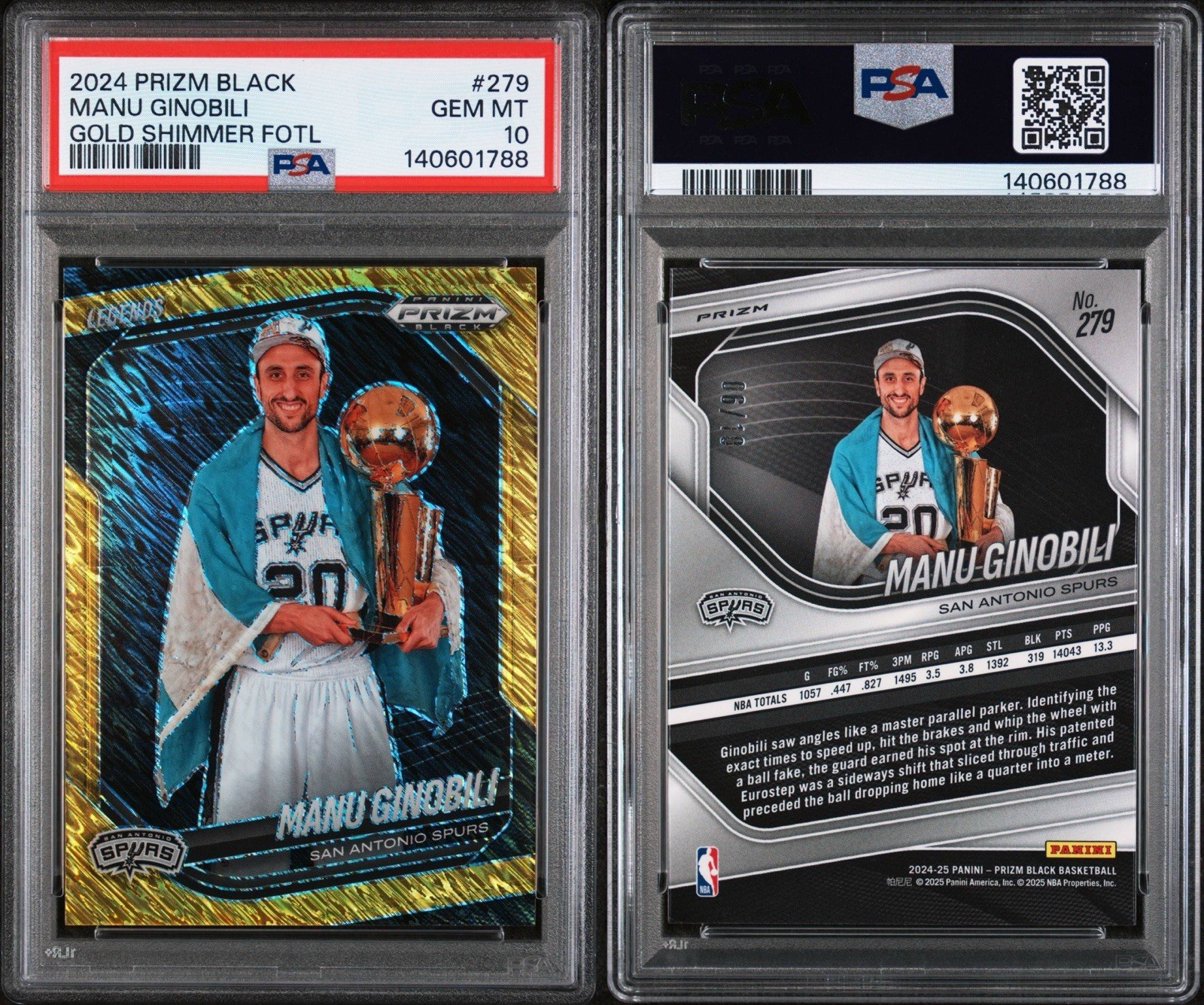 Manu Ginobili /10 Gold Shimmer FOTL PSA 10 GEM MINT 2024 Prizm Black #279 view 3