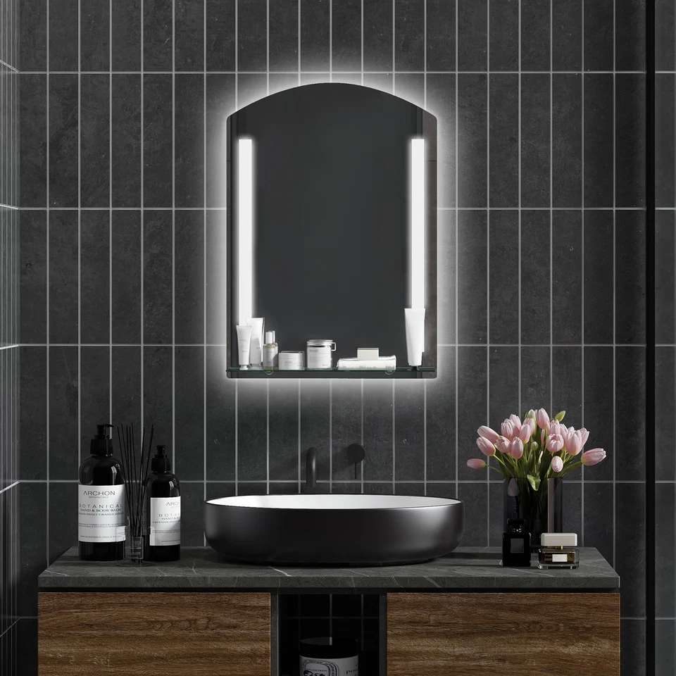 kleankin Specchio per Bagno con Luce LED e Mensola in Vetro 50x12x70cm Argento - Immagine 3 di 4
