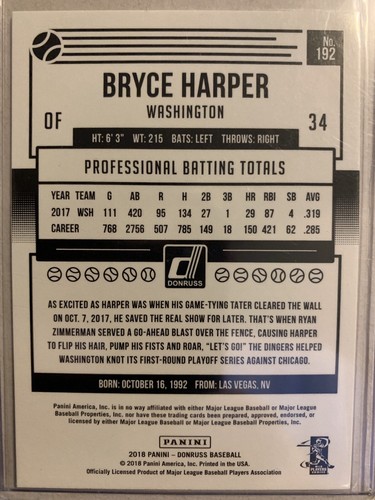 2018 Donruss Baseball insert #192 Bryce Harper Mondo Washington Nationals (i220) - Picture 2 of 2