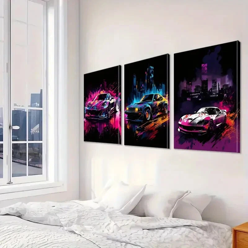 3pcs Neon Decorative Graffiti Style Sports cars Wall Art  Canvas Unframed/Framed - image 2 of 4