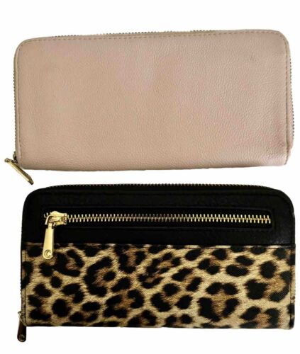2 Women’s Wallets Pink and Leopard Cheetah Zippered With Divided Sections - Picture 1 of 4
