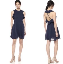 BB Dakota Samantha Ruffled Open Back Mini Dress Size 4 Navy Blue Cocktail Party