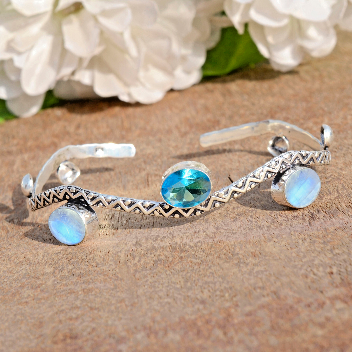 Moonstone & Blue Topaz Gemstone 925 Sterling Silver Cuff  Moonstone Blue Topaz 925 Sterling Silver Cuff Bracelet main image 0
