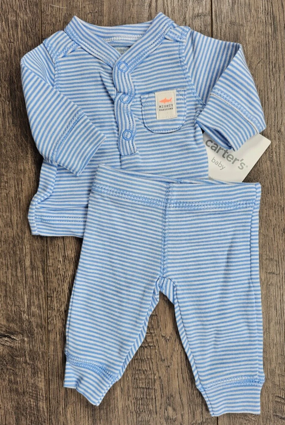 Baby Boy Clothes New Carter's Preemie 2pc Blue Mighty Handsome Shark Outfit