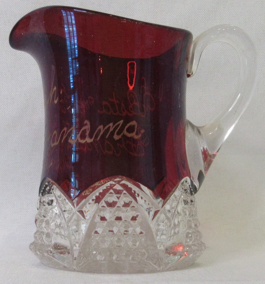 Antique Etched 1904 Ruby Red Crystal Clear Glass 3.75” Creamer Pitcher Christmas - Image 4 of 4