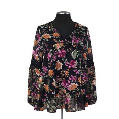 DR2 - Clip Dot Floral Peasant Top - Petite Medium - EUC