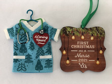 LOT OF 2 Nurse Christmas Tree Ornaments: Scrub Top, First Nurse Christmas 2021