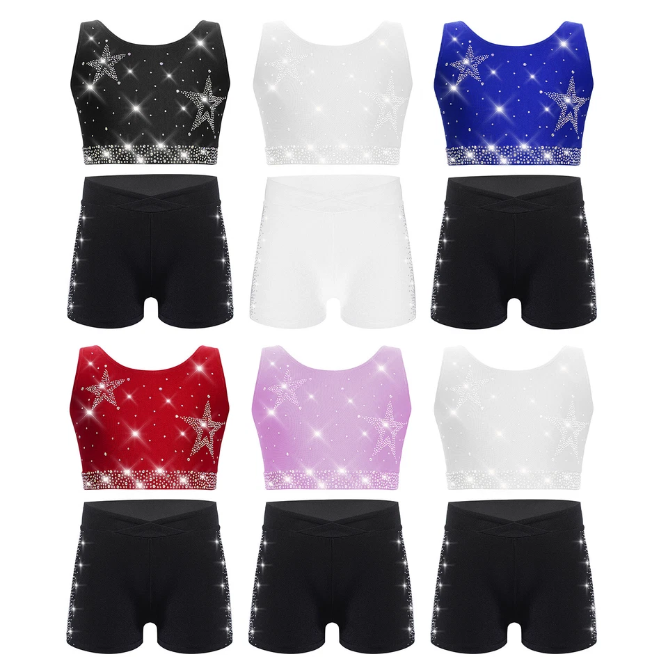 UK Girls Sports Set Shiny Rhinestones Crop Top with Shorts Yoga Gymnastics Dance - Image 4 of 4