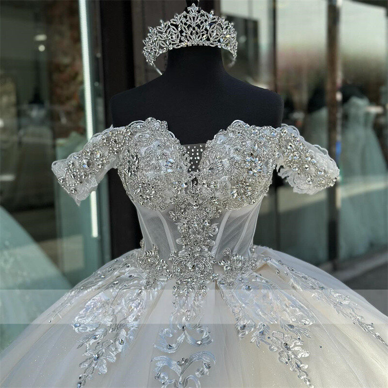 quinceanera dresses white and silver Silver Grey Square Neck Lace Ball Gown Quinceanera Dress with Short Sleeves