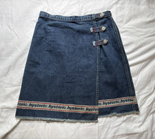 Vintage Hysteric Glamour Blue Denim Mini Skirt Womens Size 24 Button Logo Fringe