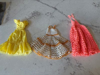Vintage 1  Handmade Dress and 2  Crocheted Barbie Doll Dresses VGC